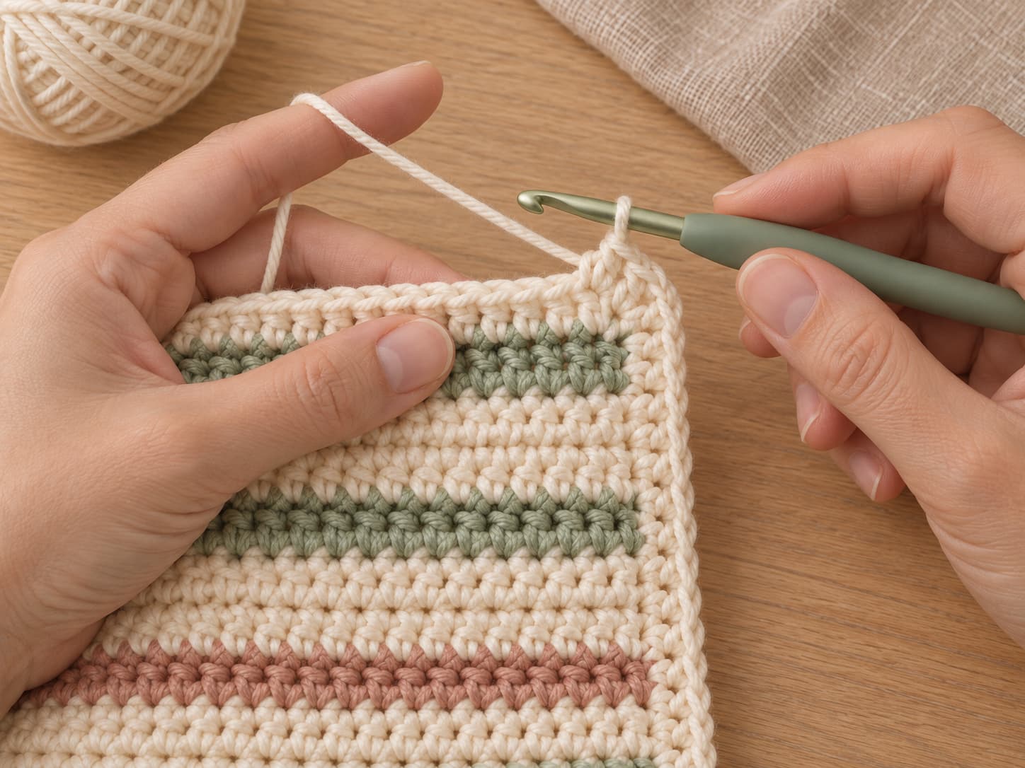 Single crochet border with three stitches worked into a baby blanket corner