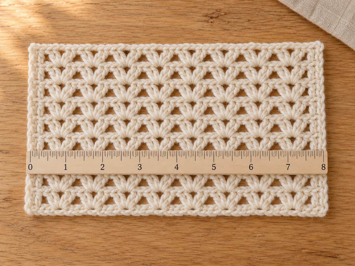 Blocked warm ivory V-stitch crochet gauge swatch measured across eight repeats